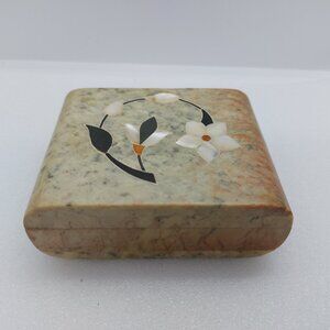 Vintage Soapstone Trinket Box Hinged Lid Floral & Mother Of Pearl Inlay